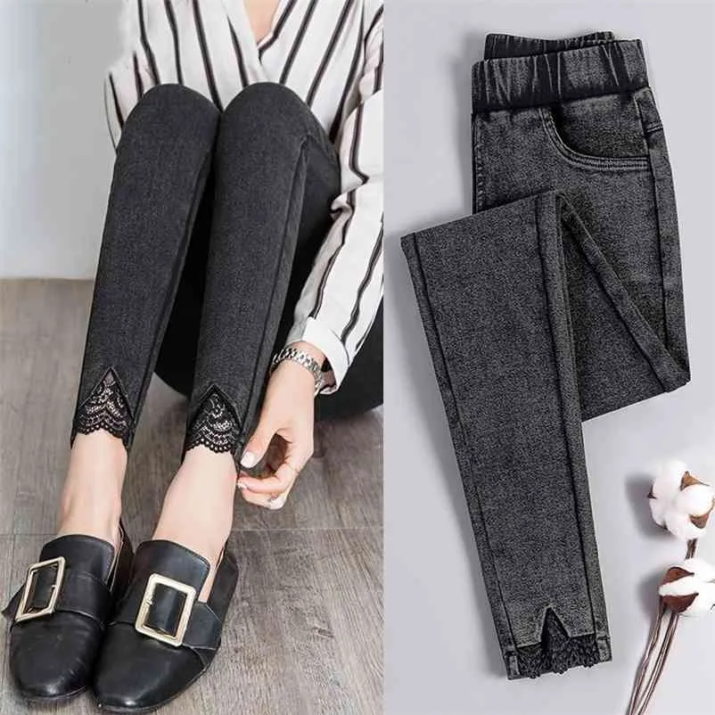 Koronkowa Skinny Jeans Kobieta Jesień Moda Chłopak Płukanki Elastyczne Dżnowiłe Spodnie Ołówek Slim S Spodnie Imitacja Jean Femme 210629