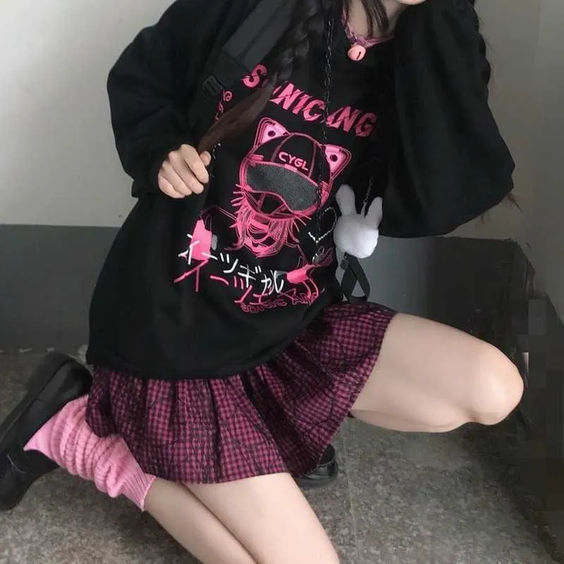 Qweek Kawaii Mulheres Hoodie Goth Impressão De Moletom Manga Longa Tops  Preto Tracksuit Rosa Macio Menina Coreana Anime Punk Roupas 210805 De  $93,72