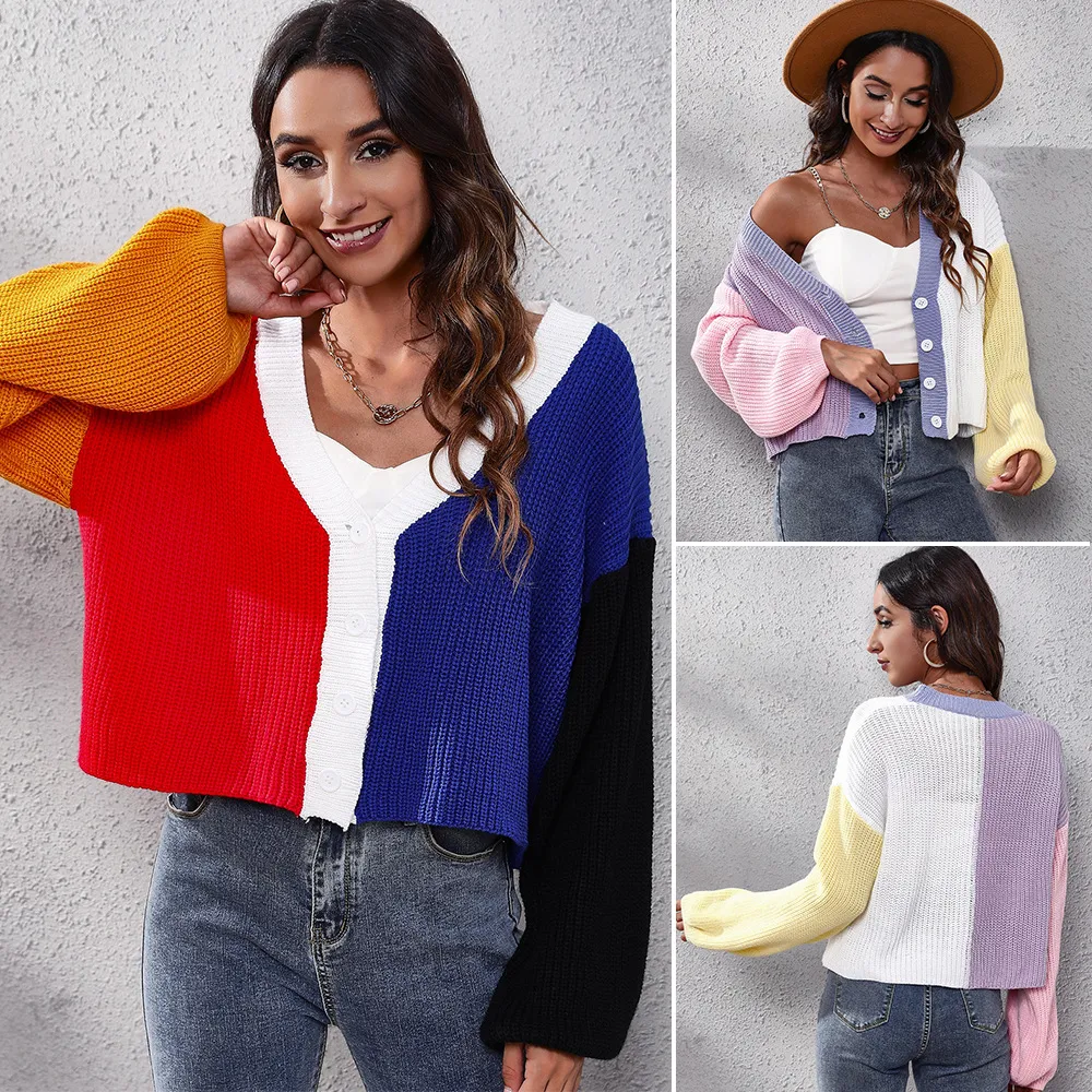 T-shirt en tricot pour femmes, cardigan en tricot assorti de cinq couleurs, pull court, vêtements amples pour femmes