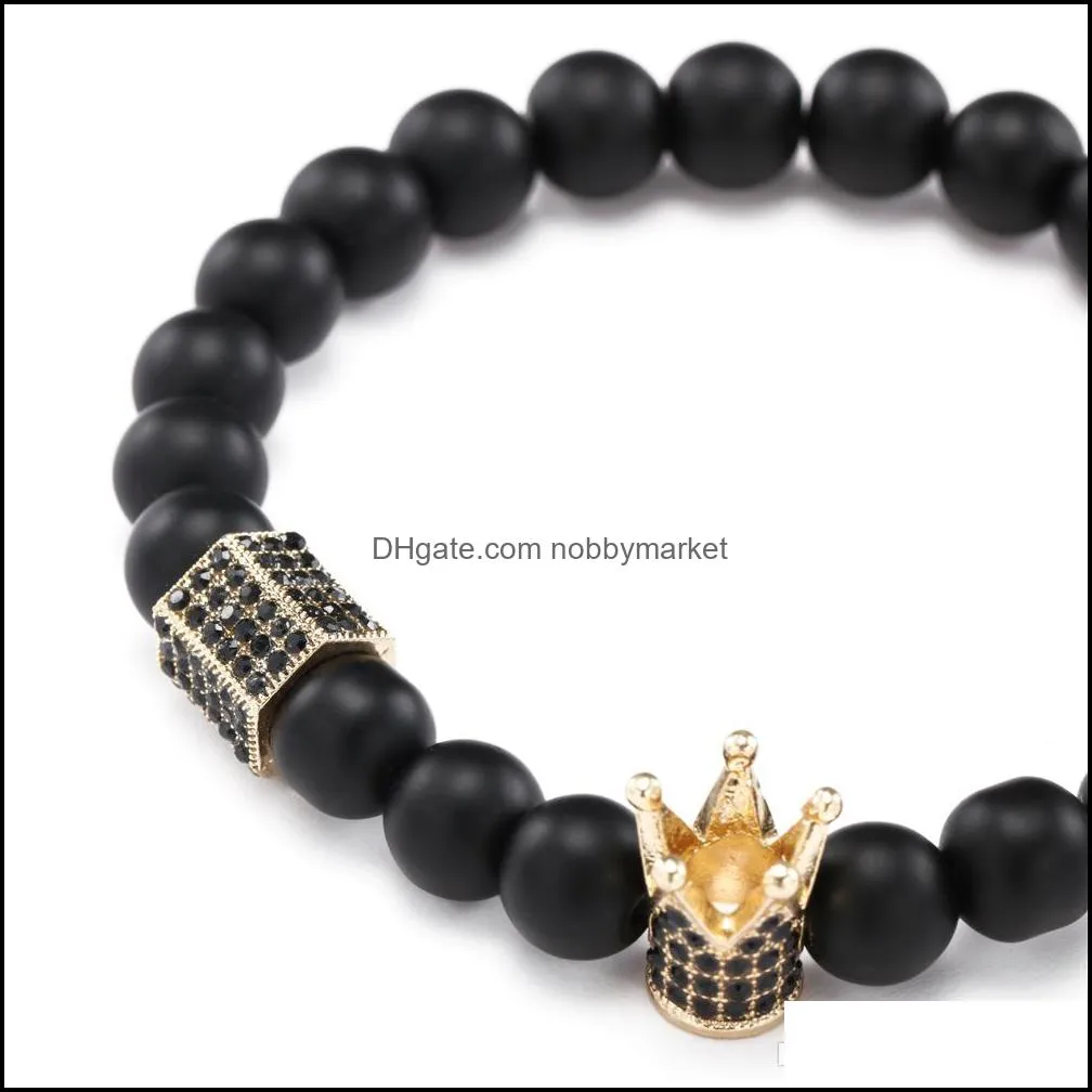 Women Men jewelry Micro Pave CZ Zirconia King Crown Charm Bracelet Natural stone Bead Bracelets Christmas gifts