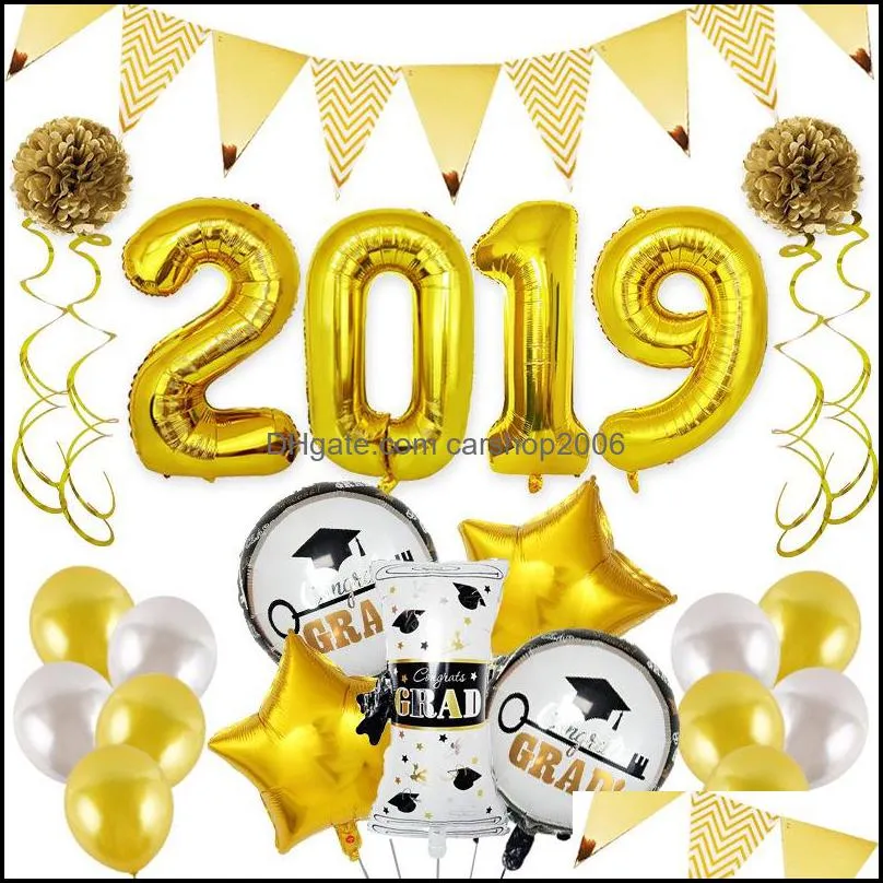 Graduation Ceremony Aluminum Foil Balloon Set Gold Silver Latex Balloon Number Balloons 2019 Graduation Season Party Decoration VT0249