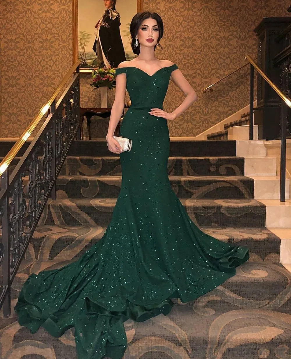 Vestidos De Festa Dark Green Evening Dress Long Off The Shoulder Court Train Floor Length Formal Party Dresses