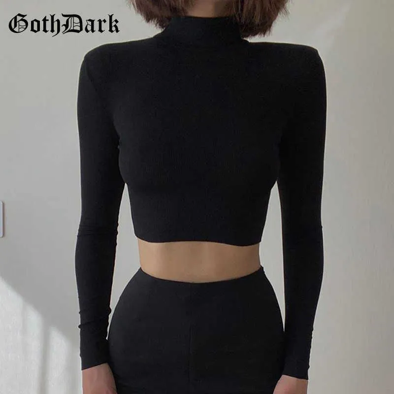 Goth Foncé Tricoté Gothique Casual Noir T-shirts Gris À Manches Longues Moulante Col Roulé Bleu Crop Tops Femmes Automne Hiver Vêtements Y0629