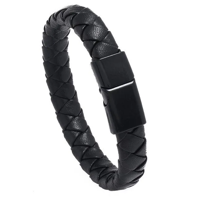 Punk Black Braided Leather Rope Bracelet Gold Color Magnetic Buckle Bracelets Punk Men Charm Bangle Jewelry