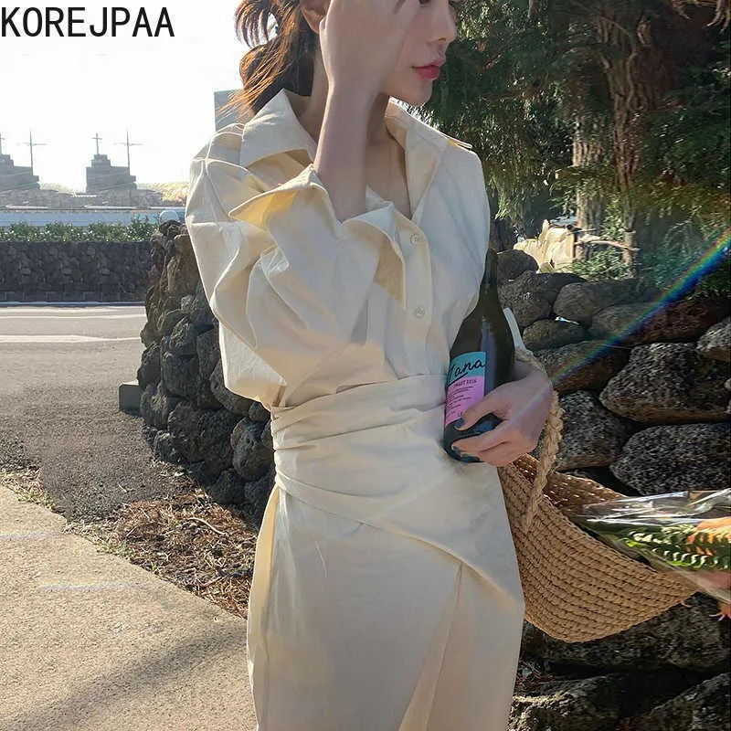 Korejpaa Women Dress Korean Fashion Elegant Lapel Cross-tie Waist Single Breasted Long-sleeved Open-cut Long Shirt Dresses 210526