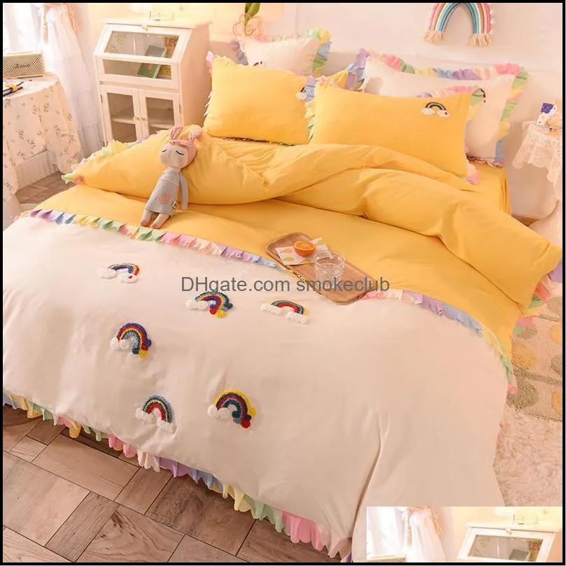 Bedding Sets Cotton Princess Style 3D Rainbow Embroidery Decor Bed Skirt Duvet Cover Pillowcases Four Pieces Set L15