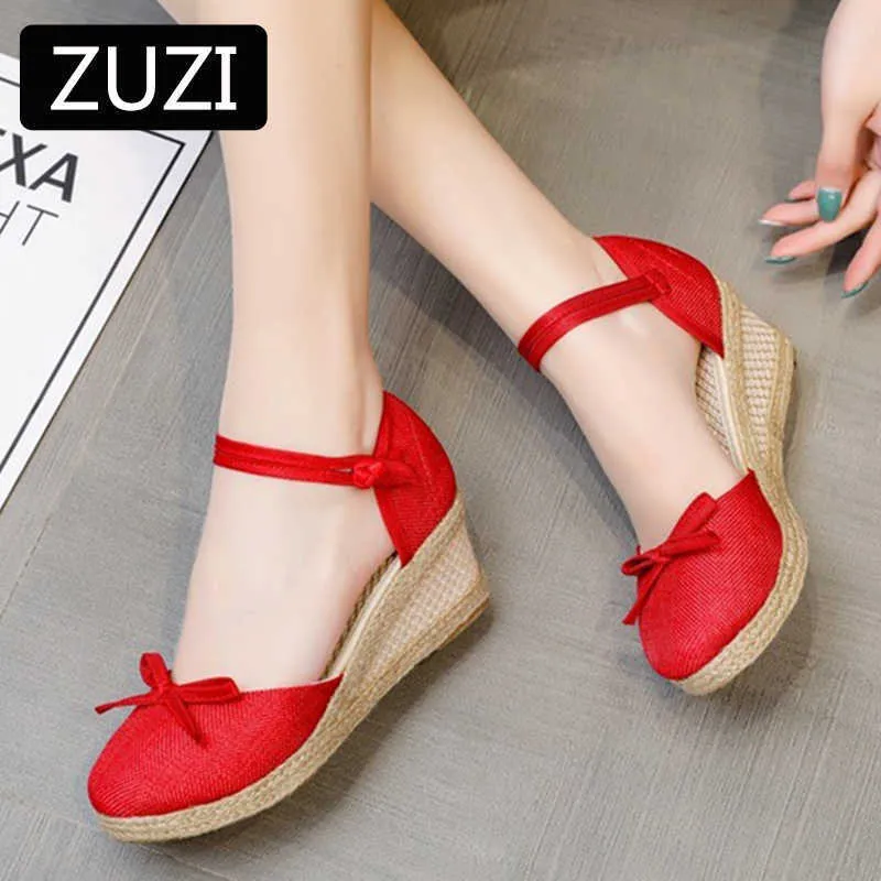 Zuzi Summer Women Linne Bow Knot 6cm Wedge Sandaler Bohemian Ladies Casual Comfortable Hemp Espadrilles Platform Pumps 34-41 Y0721