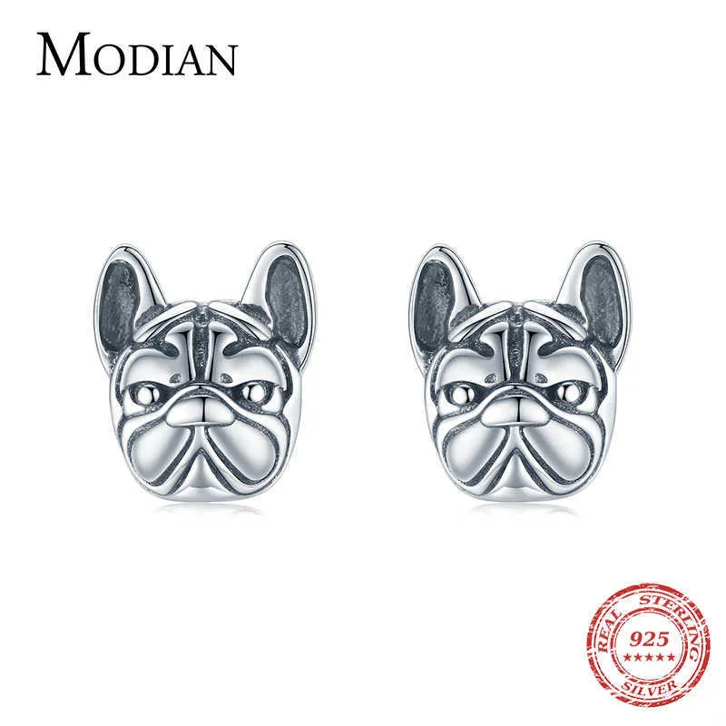 Real 925 Sterling Silver Animal Loyal French Bulldog Partners Dog Stud Earrings for Women Exquisite Fine Jewelry Bijoux 210707