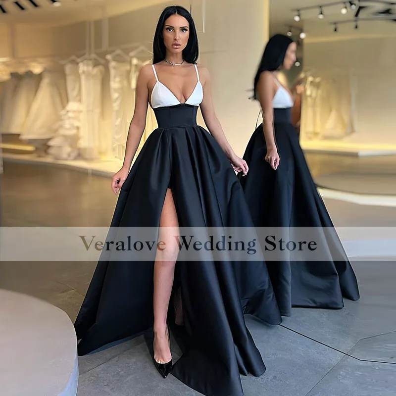 Women's Long Black Sexy Prom Dress Split Spaghetti Straps A Line Girls African Women Formal Evening Gowns