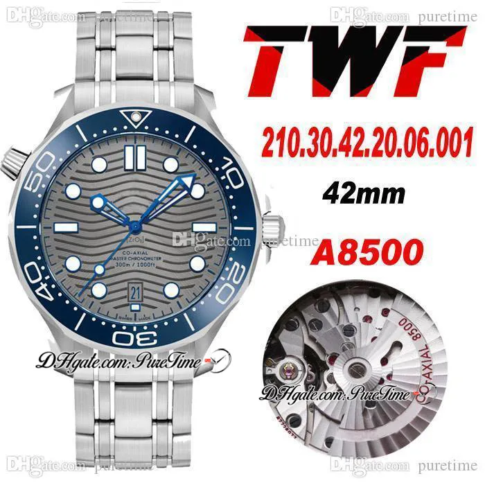 TWF Diver 300M A8500 Automatic Mens Watch Black Ceramics Bezel Gray Wave Texture Dial Stainless Steel Sracelet 210.32.42.20.06.001 Watches Super Edition Puretime 02C3