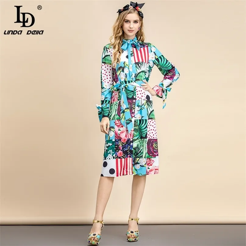 Lato projektant mody Vintage Midi Sukienka z długim rękawem Łuk pasek Elegancki Multicolor Floral Print Vacation 210522