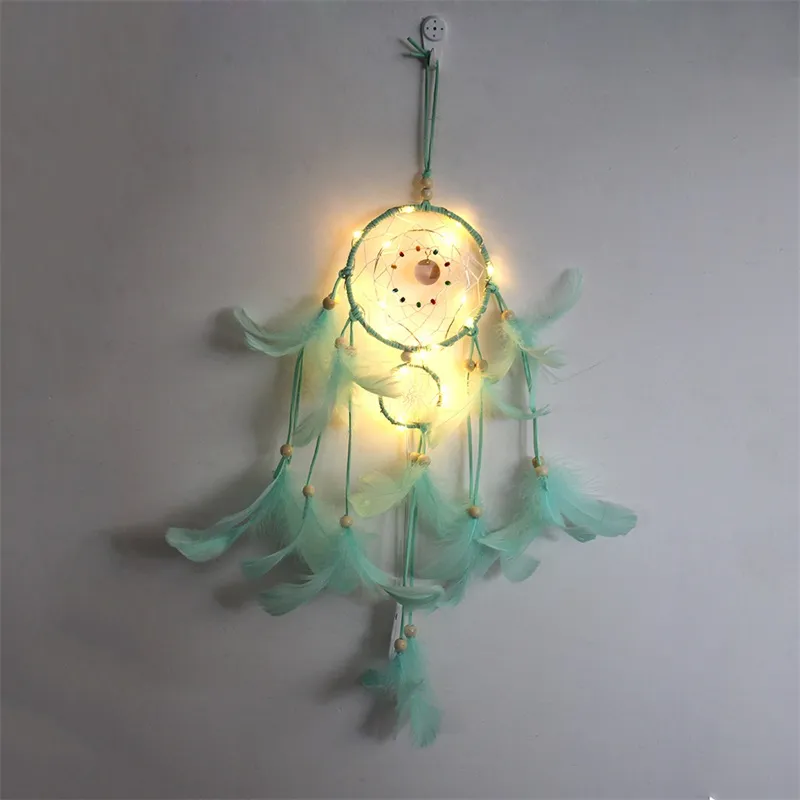 LED Light Dream Catcher Dois Anéis Penas Dreamcatcher Vento Chime Parede Decorativa Pendurado Multicolor 12ms J2