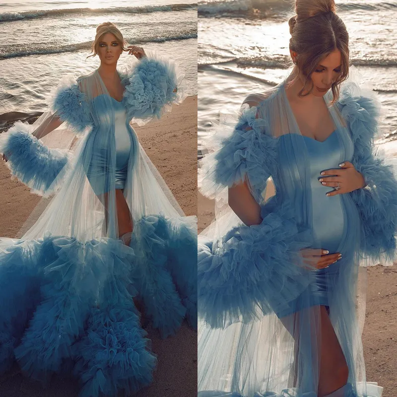 Illusion Sexy Women Blue Tulle Suknia Evening Full Sleeves Outfit See Thru Ruffles Puffy Custom Made Party Suknie