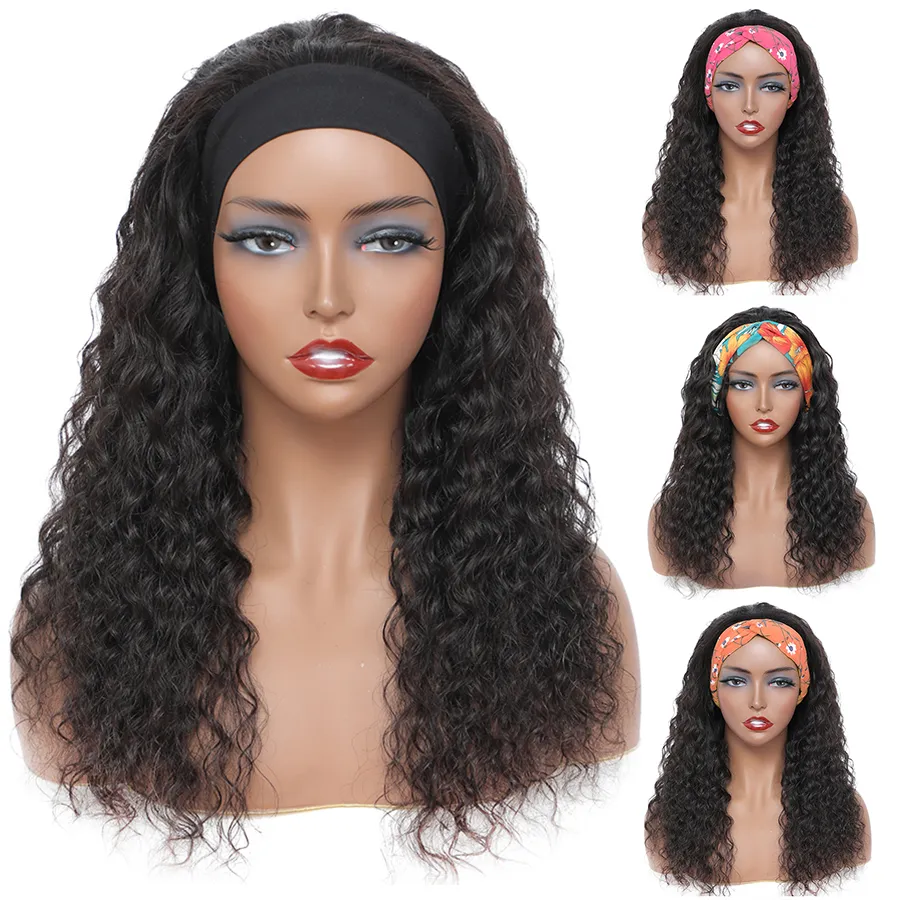 afro Kinky Curly Headband Wig Natural Color Brazilian Straight Body Deep Water Wave Human Hair None Lace Wigs for Black Women