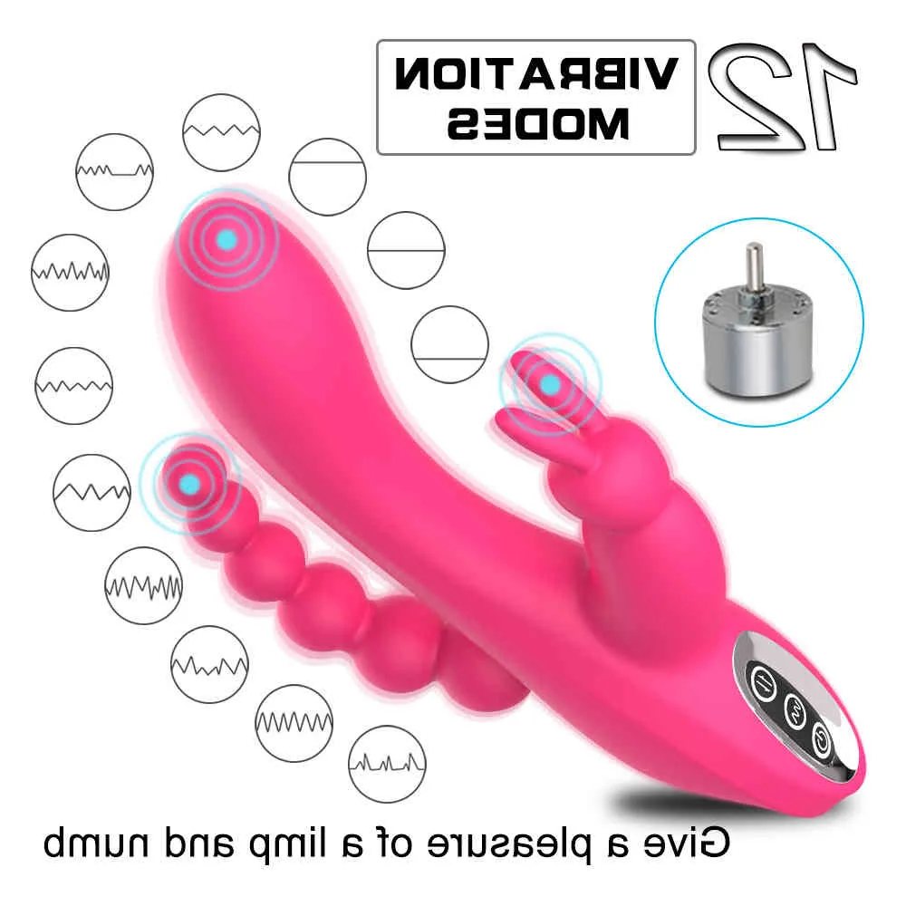 Kanin Vibrator G-Spot anal trippelkurva 12 Funktion Uppladdningsbar Clit Stimulator Dildo Vuxen Sexleksaker för kvinnor
