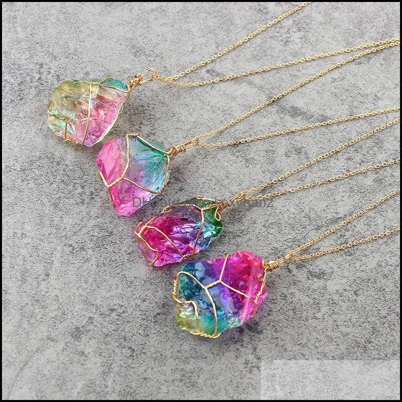 Candy Stone Necklaces Natural Crystal Chakra Rock Necklace Irregular Design Rainbow Stone Necklace Gold Chain Quartz Pendant Necklaces