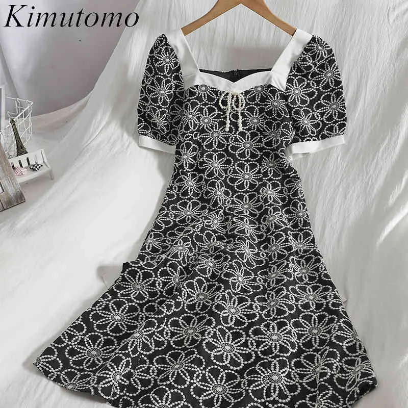 Kimutomo Contrasting Color Dress Women Square Collar Puff Sleeve Beaded Elegant Korean High Waist Embroidered Vestidos Female 210521