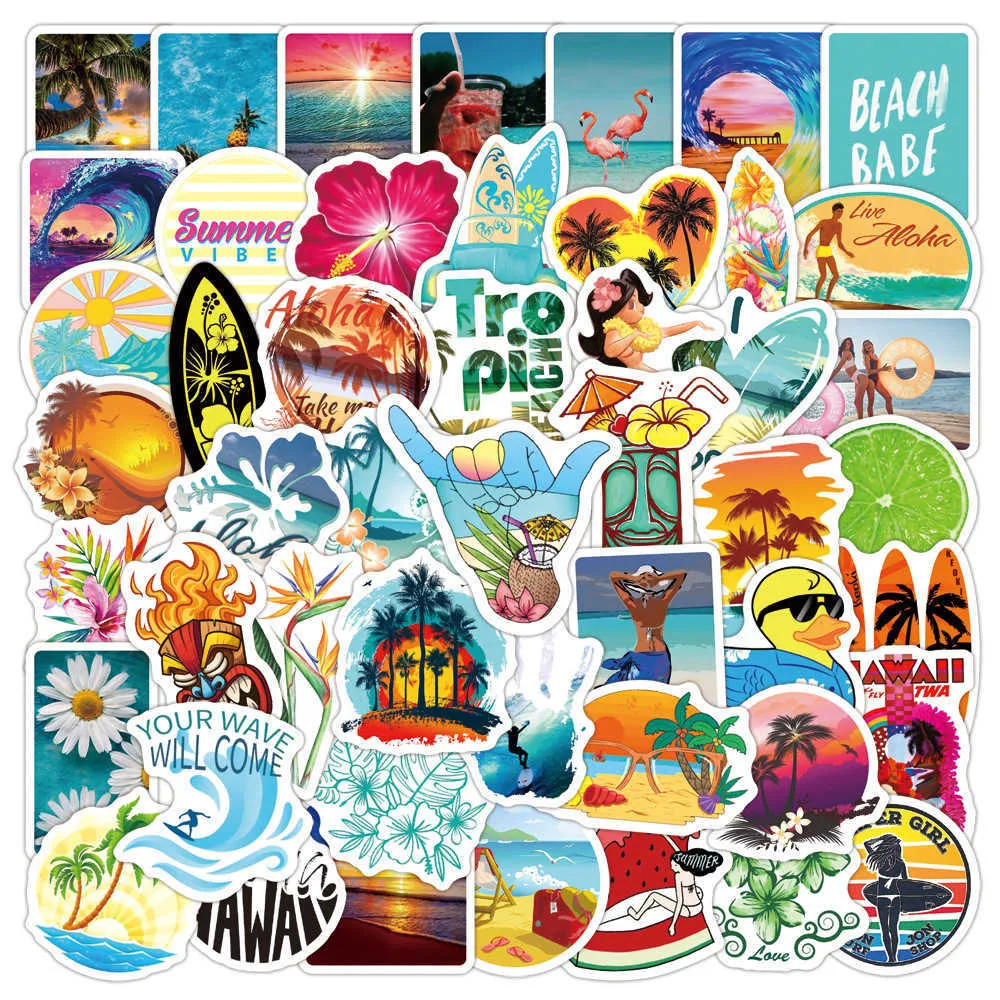 10 50pcs Açık Hawaii Sörf Etiketleri Yaz Tropikal Plajı Sörf Su Geçirmez Diy Sörf Tahtası Araba Kaykay Çıkış Sticker CAR226P