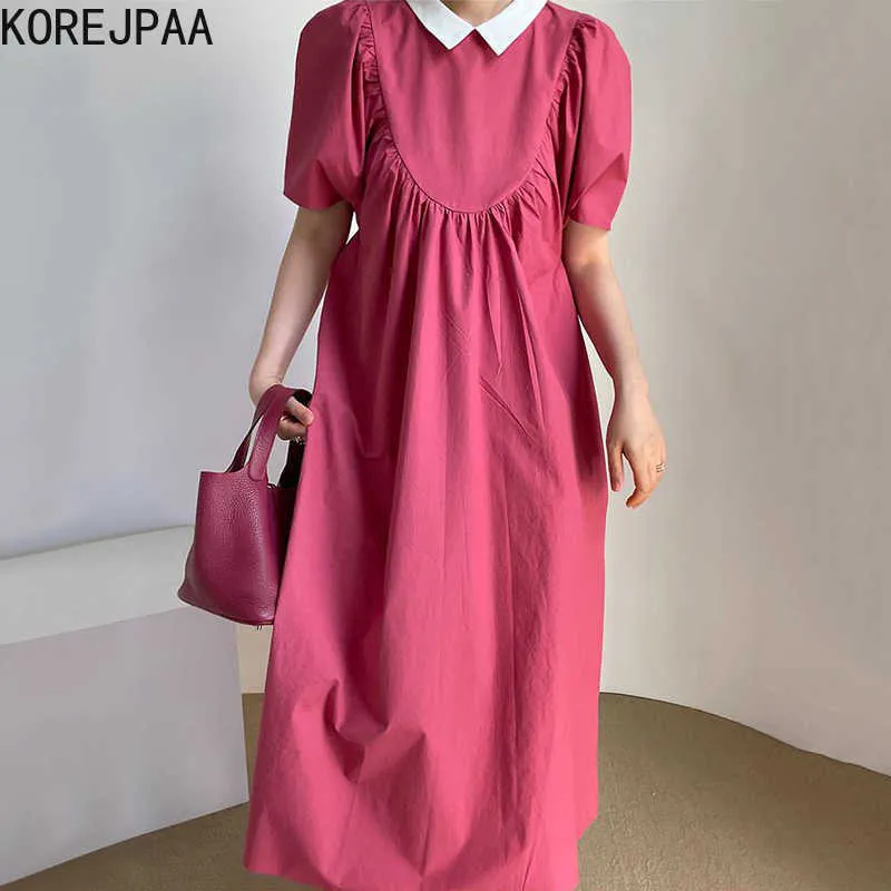 Korejpaa Kobiety Sukienka Korea Chic Lato Delikatna Róża Kolor Lalki Kołnierz Szycie Luźne Ruffled Bubble Rękaw Długie Vestido 210526