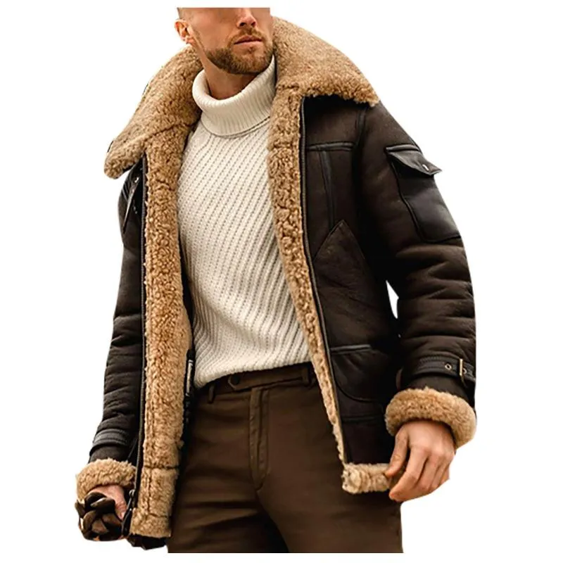 Veste en cuir épais coupe-vent d'hiver pour hommes mode col en fausse fourrure coupe-vent vestes chaudes