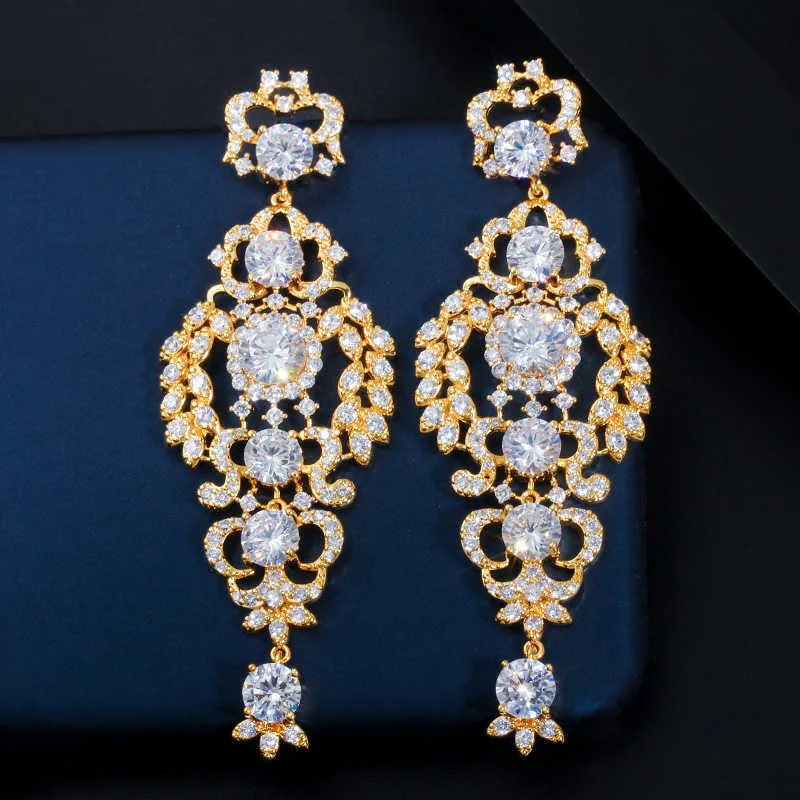 Exclusive Long Leaf Drop Dangling Cubic Zircon Wedding Engagement Party Indian 18k Gold Earrings for Women CZ659 210714