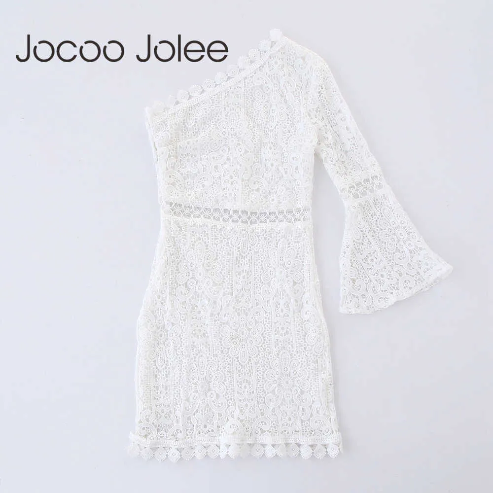 Jocoo Jolee Sexy One Side Frauen Spitze Knielanges Kleid Sommer Flare Lange Ärmel Aushöhlen Kleid Empire Urlaub Dressing 210619