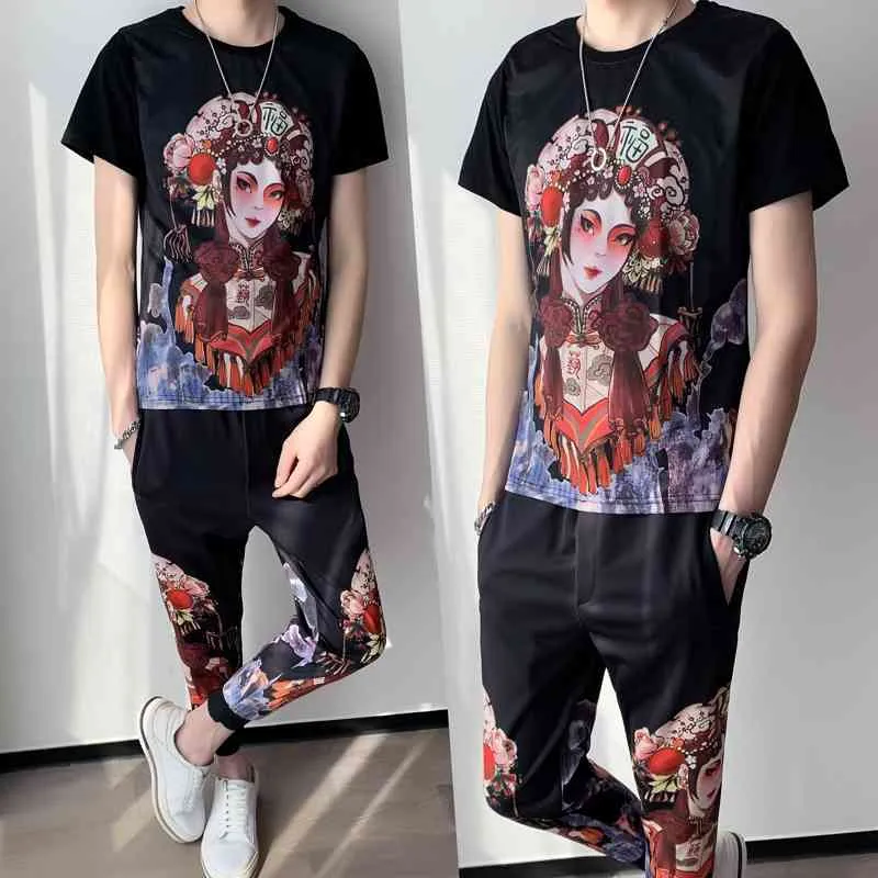 Style chinois Hommes Survêtements Casual Hommes Vêtements À Manches Courtes Tshirt Pantalon 2 Pièces Ensemble Hommes Streetwear Jogger Costume De Sport M-5XL 210527