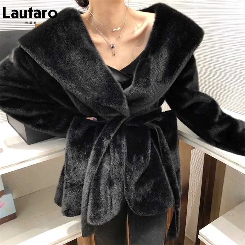 Lautaro Winter Black Warm Oversized Faux Fur Cardigan Women Drop Shoulder Long Sleeve Sashes Loose Stylish Korean Fashion 211110