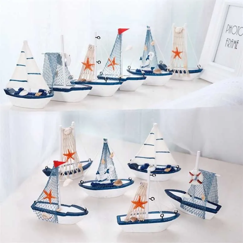försäljning! Marine Nautical Creative Sailboat Mode Room Decor Figurines Miniatyrer Medelhavet Style Ship Små båt Ornament 211105