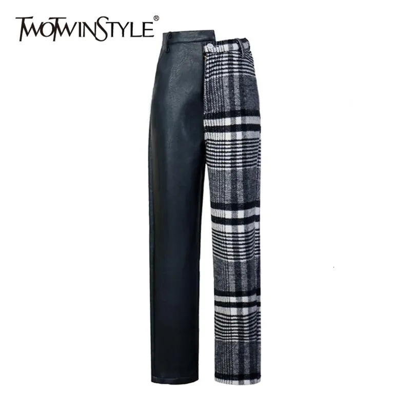 Patchwork pu plaid broek voor vrouwen hoge taille hit kleuren asymmetrische herfst winter broek vrouw 210521