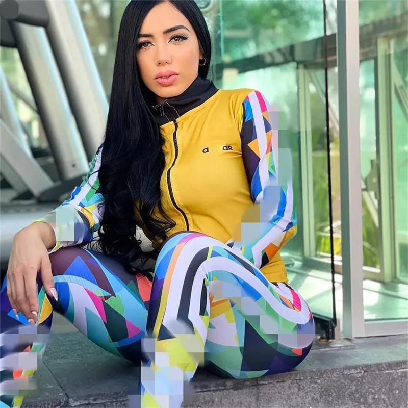 Women Tracksuits 2 Pieces Set Stripe Printing Fitness Tracksuit Long Sleeve Jackets+Leggings Sportswear Outfits Plus Size S-2XL