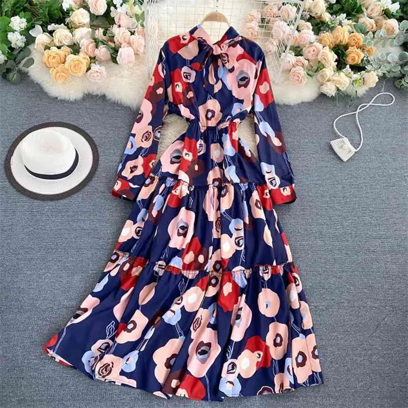 Kadın Avrupa Tarzı Eğilim Baskı Elbise Retro Sonbahar Yay Yaka Yüksek Bel Ince Büyük Salıncak Fırfır Uzun Vestidos PL582 210506