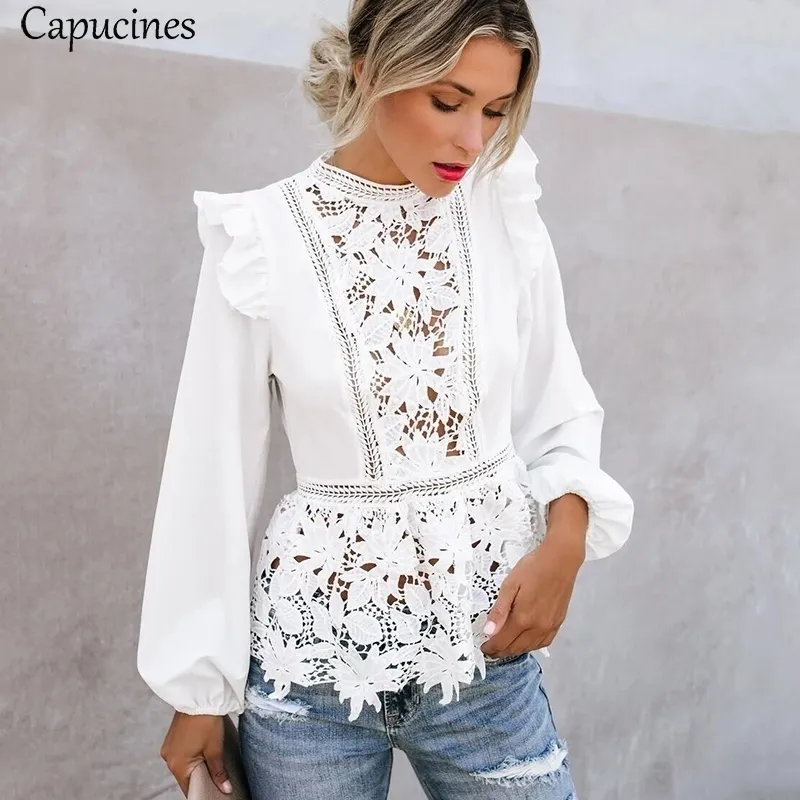 Capucines Lace Splicing Ruffled High Waist White Shirts Blouse Women Hollow Out Embroidery Keyhole Back Elegant Summer Chic Tops 210317