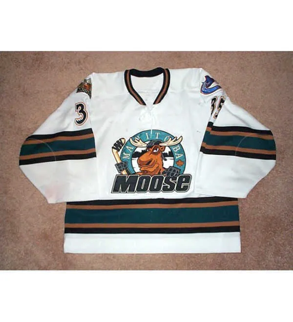 2002 03 Manitoba Moose 35 Maglia da hockey Alex Auld cucita su misura con qualsiasi nome e numero di maglie
