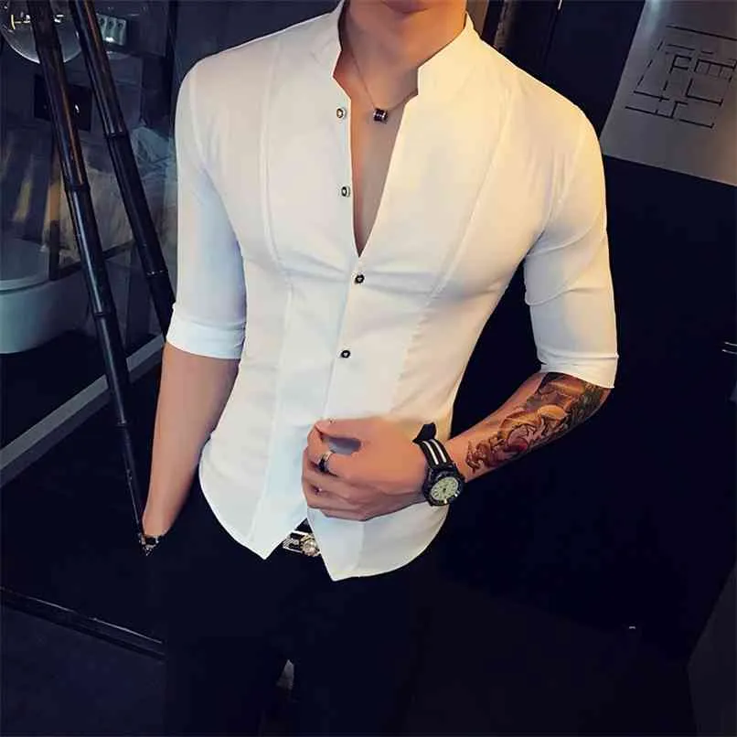 Standı Yaka Çin Tarzı Gömlek Erkekler Slim Fit Kore Giyim Yarım Kollu Yaz Tasarımcı Kulübü Camisa Masculina 210809