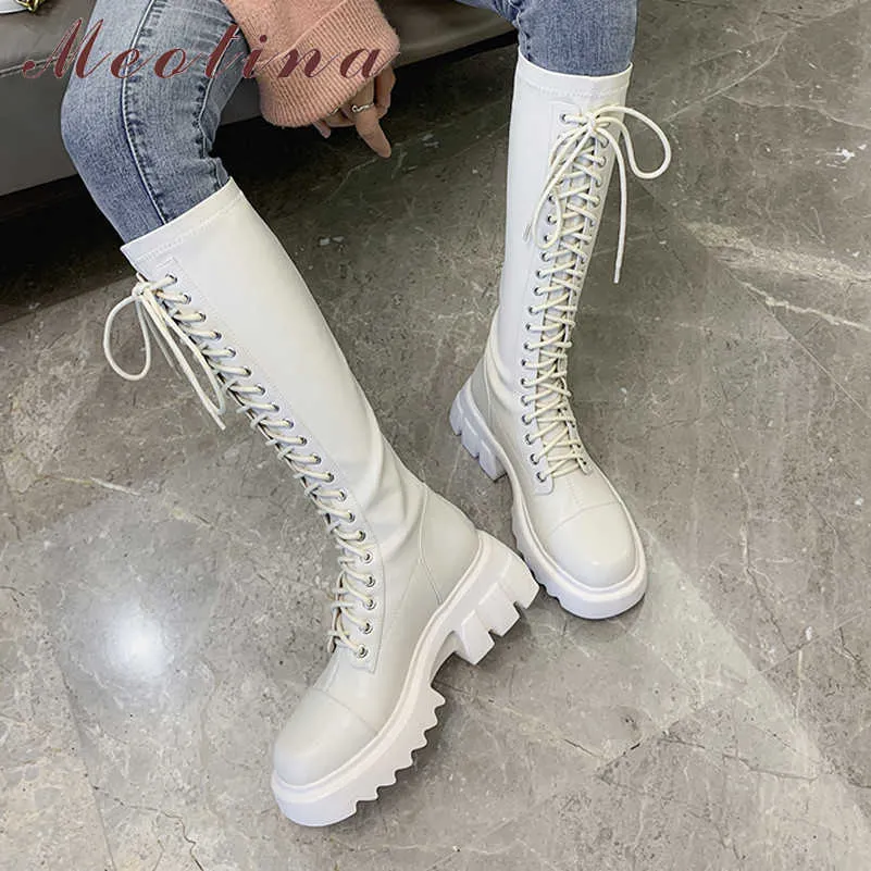 Meotina Platform High Heel Women Boots Real Leather Knee High Boots Zip Thick Heel Long Boots Lace Up Ladies Shoes Autumn Winter 210608