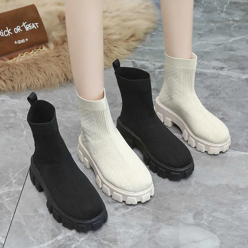 Automne hiver bottes en tricot pour femmes plate-forme de mode respirant sans lacet bottines chaussette décontractée bottes modernes Y1018