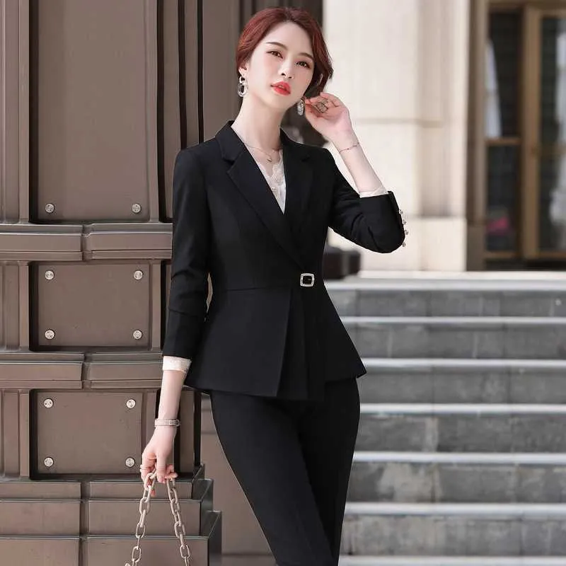 Autumn and Winter Professional Women's Fashion Gray Suit Workwear Ladies  Business Formal Wear Work Clothes Interview Elegant 210527
