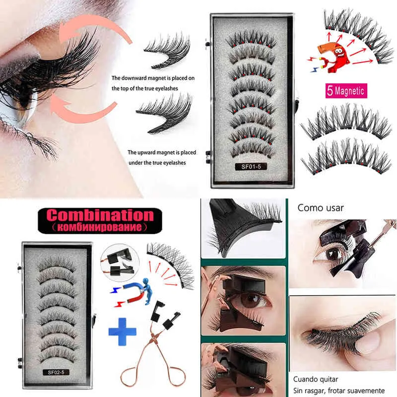 Eyelashes falsificados 2 pares 5 ímã magnético cílios falsos 3d natural cílios magnéticos artesanais fand made olho faux cils magnetique 220226