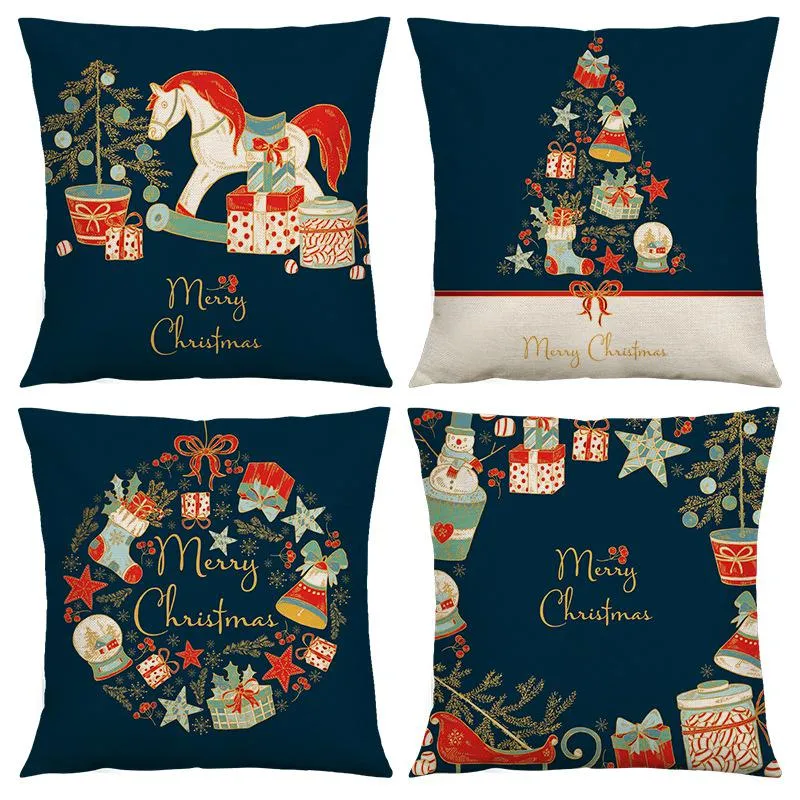 Kerst Decor Kussensloop 18 X 18 Inch Blauw Gooi Kussenslopen Katoen Linnen Vintage Kerst Kussenhoezen voor Xmas Vakantie Decoraties