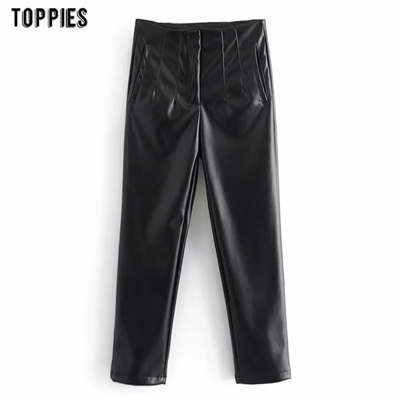 Femme Pu cuir pantalon taille haute droite polaire pantalon femme Streetwear automne hiver vêtements 210421