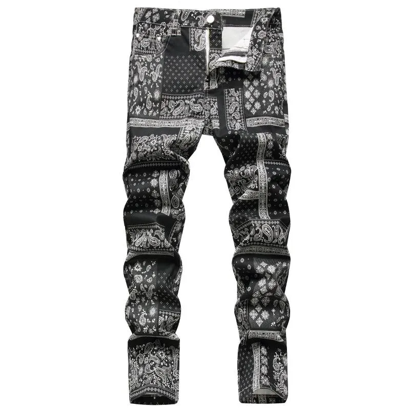 Jeans pour hommes hommes Paisley Bandanna imprimé mode 3D numérique peint Stretch Denim pantalon Slim droite noir pantalon