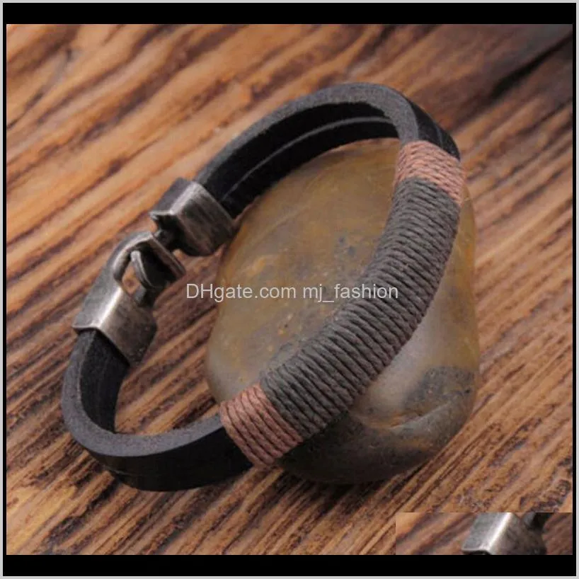 women men hemp wrap leather weaving wristband metal bracelet black brown bracelets bangle jewelryps2484