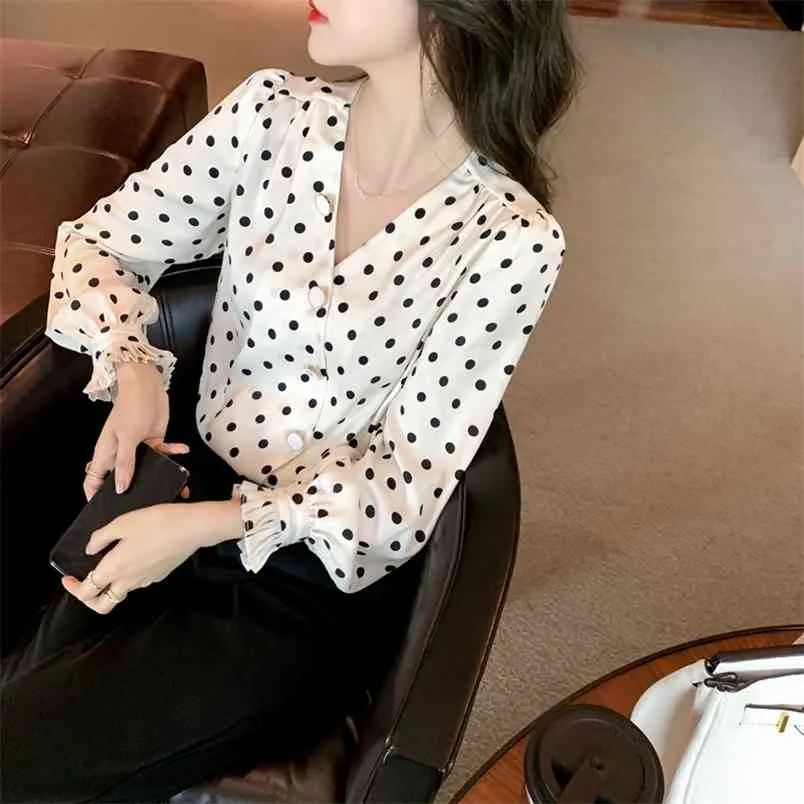 Spring summer Long Sleeve V-Neck Shirts Tops Elegant Office Women Button Ladies Polka Dot Print Blouse Shirt 210507