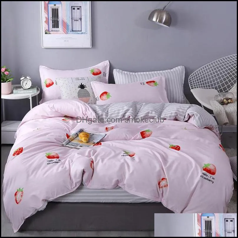 Bedding Sets Bed Sheet Pillowcase Comforter Cover Duvet Set 4 Pieces Sweet Strawberry Print Pattern Girlish Style Bedclothes Oceania