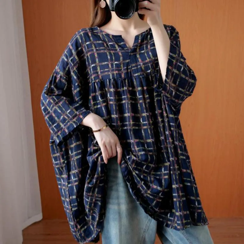 Johnature Korean Loose Plus Size V-Neck Half Sleeve All-Match Retro Plaid T-shirt Jesień Proste Wygodne Kobiety Topy 210521