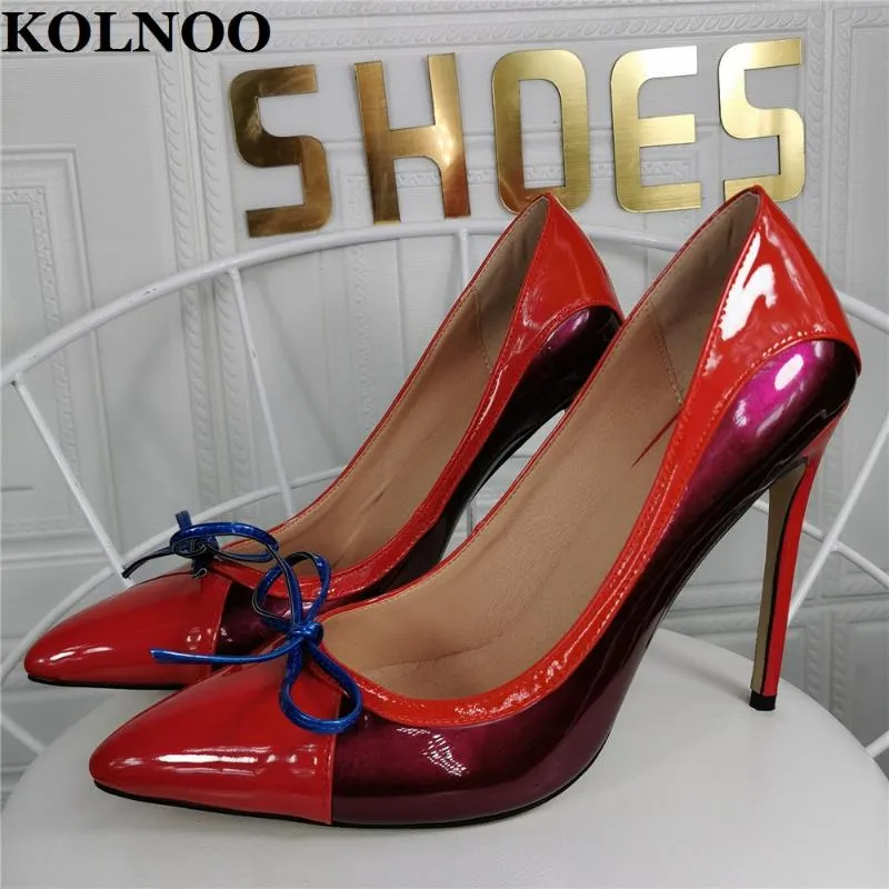 Dress Shoes Kolnoo Simple Style Handmade Womens High Heels Pumps Bowties Patchwork Leather Two-Tones Slip-On Party Office Fashion