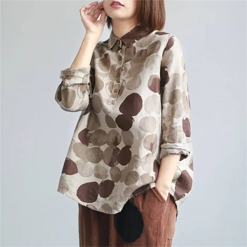 F&JE Spring Women Shirts Plus Size Long Sleeve Cotton Linen Button Casual Vintage Polka Dot Print Blouses P11 220307