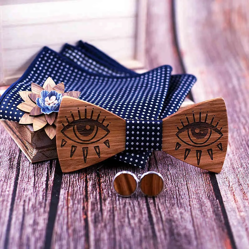 Men Pocket square Bow Laser Engraved Eyes Wood Business Wedding Gift Party Tie Brooches Cufflink Handkerchief Handky Box Set