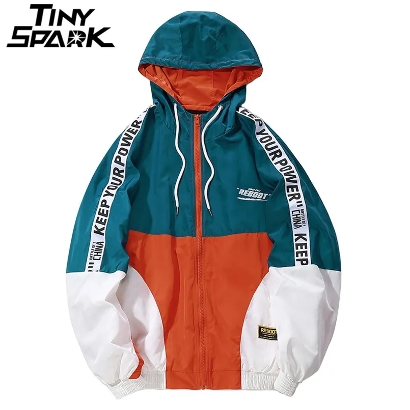 Hip Hop Mens Hooded Windbreaker Jacket Autumn Casual Vintage Color Block Loose Track Hoodie Coats Streetwear HipHop 211008